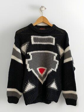Vintage 80s Oakton Limited Acrylic Knitted Sweater Men's Size M Black Grey white